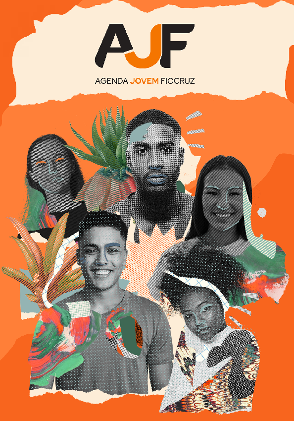 capa do livreto Agenda Jovem Fiocruz com fundo na cor laranja e imagem de cinco jovens com características físicas bem diferentes sendo três mulheres e dois homens.